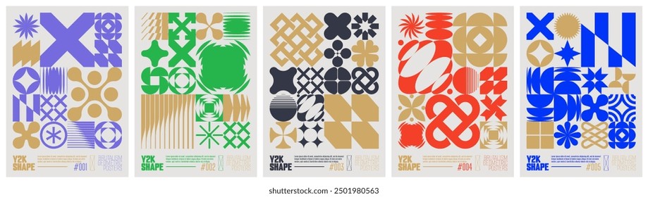 Y2K shape abstract geometric composition in brutalism style, vector minimalistic Posters with silhouette basic figures, Retro futuristic graphic elements of geometrical postmodern figures