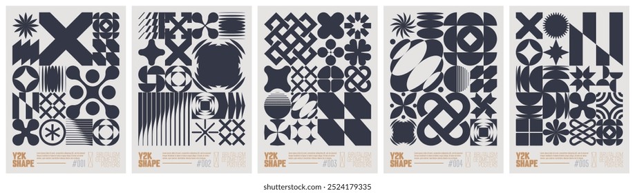 Y2K shape abstract geometric composition in brutalism style, vector minimalistic Posters with silhouette basic figures, Retro futuristic graphic elements of geometrical postmodern figures, black set