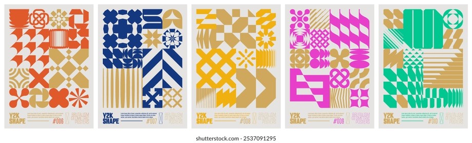 Y2K shape abstract geometric composition in brutalism style, vector minimalistic Posters with silhouette basic figures, Retro futuristic graphic elements of geometrical postmodern figures set 2