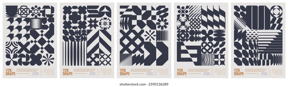 Y2K shape abstract geometric composition in brutalism style, vector minimalistic Posters with silhouette basic form, Retro futuristic graphic elements of geometry postmodern figures, black 2