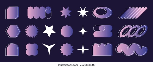 Y2k shape gradient icons collection - purple pink geometric shapes, bursting stars, stencil frames, flowing liquid abstract forms. Vaporwave aesthetic graphic design elements, trendy retro 90s style.
