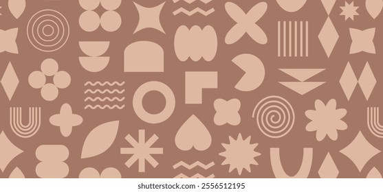 Y2k shape retro mocha mousse colors seamless pattern, abstract geometry background, modern funky print, simple groovy  element repeat bg, futuristic form. Trendy colour 2025 year. Vector illustration