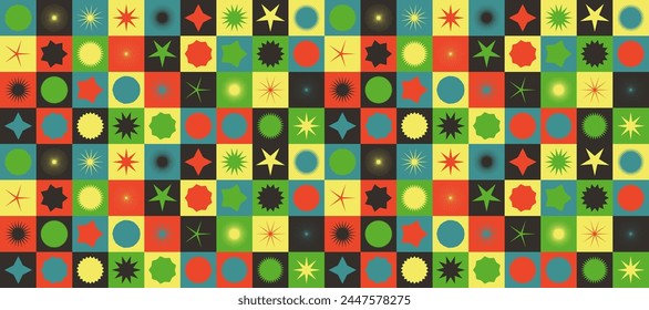 Y2k shape retro seamless star pattern, abstract geometry background, modern funky print, simple stars repeat, futuristic vector form. Minimal vintage illustration