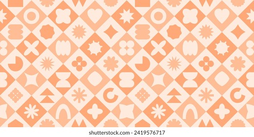 Y2k shape seamless pattern, geometric peach fuzz background, abstract retro cloth print, groovy element. Colour palette 2024 year. Checkered bg. Vector illustration