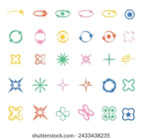 Y2k Form Vektor Illustration Clip Art Element Big Set, Y2k Form Most Bundle, Y2k Form Star Grafik Geometrie Aufkleber Glänzende Retro Illustration. Y2k Form Silhouette Icon Set.