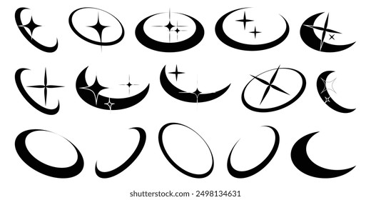 Y2k shapes. Abstract geometric shapes and icons. Brutal modern contemporary figure arch cloud wave star oval spiral flower circle and other primitive elements. Y2k elements.