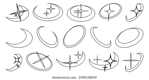 Y2k Shapes. Brutalist abstract geometric shapes and grids. Brutal contemporary figure star oval spiral flower and other primitive elements. Y2K Geometric design element shapes. Y2k elements.