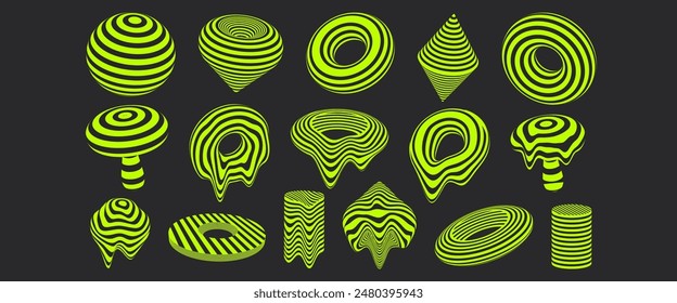 Y2K shapes and grids. Modern trendy 00s elements in neon green color. 3d ellipse, mushroom, oval, circle and other abstract shapes for poster, banner, flyer. Trendy psychedelic acid rave style. 