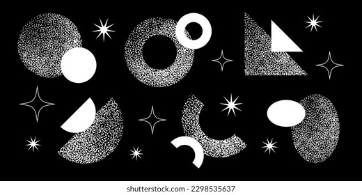  Y2K shapes made of dots, simple geometric shapes and forms, vector decorative retro objects.