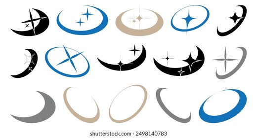 Y2k shapes. Set of geometric shapes in trendy retro style. Y2k aesthetic. Modern minimalist arch frame with sparkles. Trendy design elements for banners, social media, poster design, packaging. Y2k. 