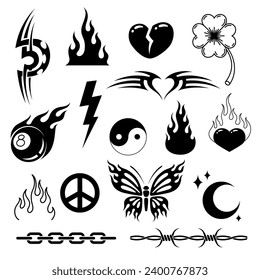 Y2k simple tattoo black monochrome cartoon element retro groovy icon set vector flat illustration. Minimalist burn fire flame broken heart flower bowling ball lightning peace hippie butterfly Yin Yang