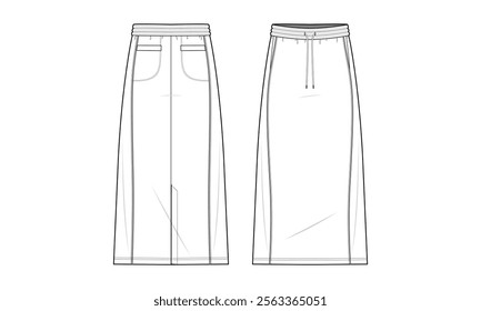 Y2K Skirt technical fashion illustration. skirt vector template illustration. front and back view. high waist. straight fit. ankle length. unisex. white color. CAD mockup.