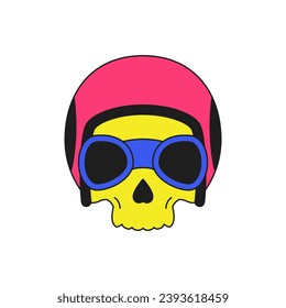 Y2k skull in eyeglasses and motorbike helmet psychedelic groovy style icon vector flat illustration. Halloween skeleton biker comic surreal cartoon character trendy sticker for t shirt print isolated