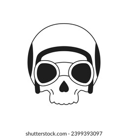 Y2k skull in eyeglasses and motorbike helmet psychedelic cartoon character monochrome line retro groovy icon vector illustration. Halloween horror skeleton biker head minimal trendy sticker