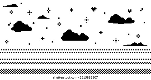 Y2k sky background in pixel art. Clouds. Heart. Sparkles. Game abstract pixel pattern. Mood of 90's aesthetics. 8-bit retro style vector illustration. Simple geometric shape. Horizontal vector banner