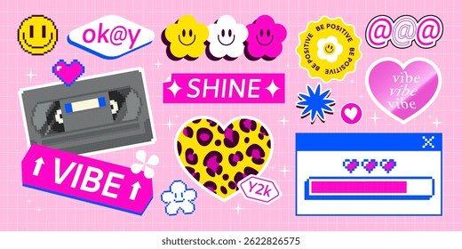 Y2k smile sticker pack in bright neon colors. Pixel icons, positive phrases and symbols in retro 90s aesthetic for trendy design with nostalgic touch. Funny bright psychedelic vintage elements.