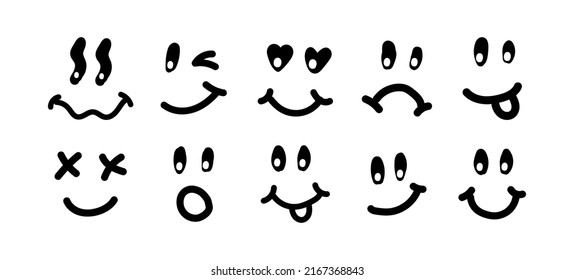 Ilustración vintage de la sonrisa Y2k. Logo de la sonrisa retro psicodélica de melt. Sonrisa que gotea. Buen humor. Etiqueta positiva de emoji. Cara vectorial groovy emoji. Símbolo de cara.