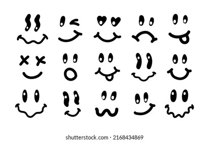 Y2k smile vintage illustration. Retro psychedelic melt smile face logo. Dripping smile. Good mood. Positive emoji sticker. Vector groovy emoji face. Face symbol.