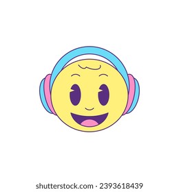 Y2k smiley emoticon in headphones music trendy cartoon character groovy style icon vector flat illustration. Funny comic emoji DJ cyberspace gamer in earphones audio sound sticker t shirt print