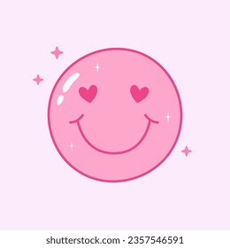 Y2k smiling face with heart eyes. Cute round emoji in 90s 00s style. Pink facial expression. Happy face pink icon. Positive symbol. Vector illustration