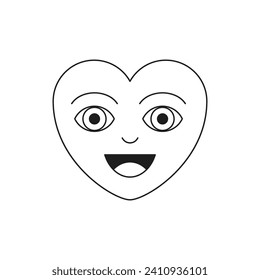 Y2k smiling heart happy love symbol funky cartoon character monochrome line retro groovy icon vector illustration. Positive romantic emoji enamored amour element minimal trendy sticker