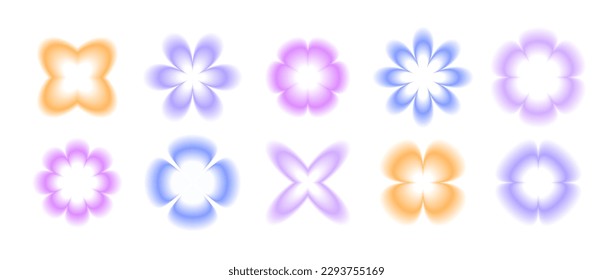 Y2k smooth gradient flowers set  Blurry flower aura collection  Abstract blurred trendy elements for logo  templates  badges  stickers  Vector illustration pack 
