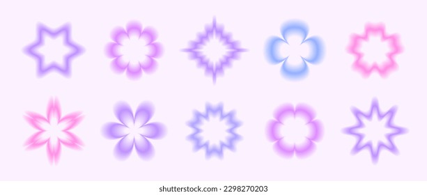 Y2k smooth gradient flowers set  Pastel blurry flower aura collection  Abstract blurred trendy elements for logo  templates  badges  stickers  Vector illustration pack 