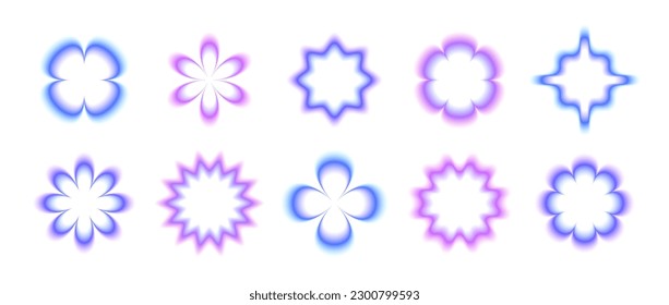 Y2k smooth gradient flowers set  Pastel blurry flower aura collection  Abstract blurred trendy elements for logo  templates  badges  stickers  collages  Vector illustration pack 