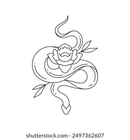 Y2k snake with lily flower mystery gothic tattoo outline black icon vector illustration. Elegant poison reptile viper cobra with blossom floral leaves psychedelic romantic monochrome art emblem