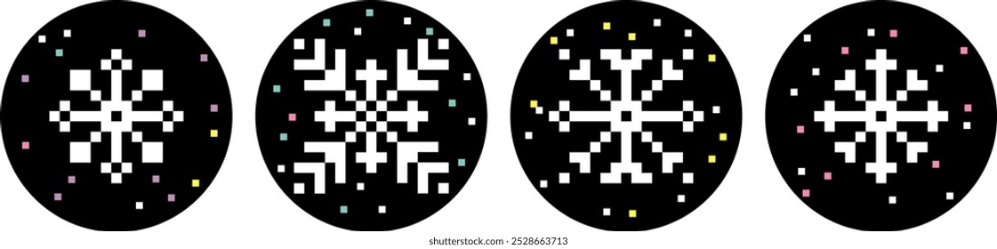 Y2k Schneeflocke Pixel Aufkleber Set. Winterdekorative Elemente in Pixelkunst. Stimmung der 90er Jahre Ästhetik. 8-Bit-Retro-Stil pixelated Vektorgrafik. Einfache geometrische Form für Collage und Poster