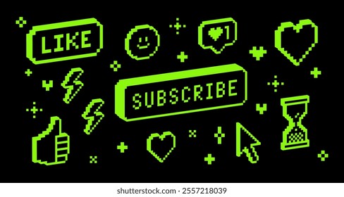 Y2k social media sticker set. 3D pixel art. Smile face, Like, Thumb up, Heart, Subscribe button. Game abstract elements. Geometric shapes on black background. Mood of 90's. Retro trendy brutal style