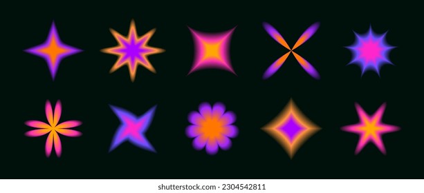 Y2k soft neon gradient flowers   stars set  Blurred flower aura collection  Colorful abstract trendy elements for logo  templates  badges  stickers  collages  Vector pack 