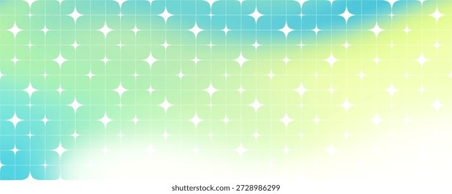 Y2K Sparkle Star Background. Abstract Grid Pattern with Spring Gradation. Cute Blue and Green Gradient Bg Design. Geometric Design Featuring Pastel Colors, Retro Aesthetic, and Magical Light Effects Perfect for Spring Graphics.