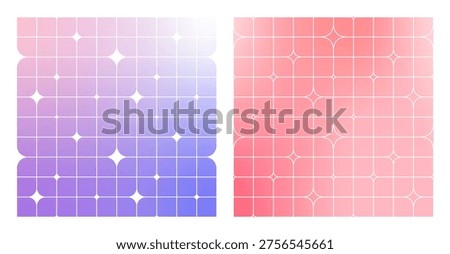 Y2k Sparkle Star Pattern set. Abstract geometric background with twinkles. Retro aesthetic grid line patterns bg. Wireframe mesh with magical glow. Vector illustration art