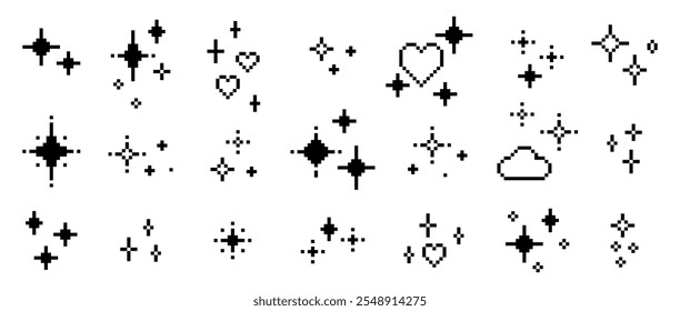 Y2k sparkling star set. Glitter pixel art icon pack with sparkles, hearts. Mood of 90's aesthetics. 8 bit retro style editable vector illustration. Simple geometric shape for collage, text decoration