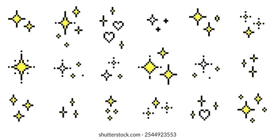 Conjunto de estrelas cintilantes Y2k. Magia. Pacote de ícones de arte com pixel brilhante. Brilhos. Coração. O humor da estética dos anos 90. Ilustração vetorial editável estilo retro de 8 bits. Forma geométrica simples para colagem, design glamouroso