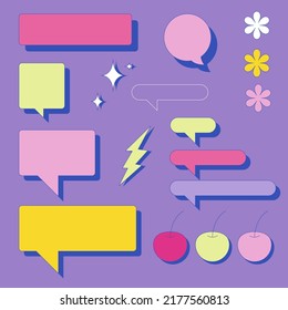 Y2K speech bubbles and design elements set. 2000s style lilac retro vector design. Editable stroke. 90s inspired graphic.