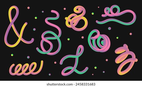 Conjunto de Formas líquidas de neón abstracto 3d. Elementos de gradiente colorido vivo de moda. Elementos de diseño retro Y2k. Formas de Vector vibrantes, espirales, ondas, trazos de mezcla.
