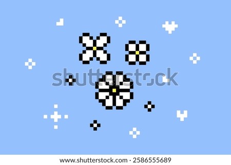 Y2k spring flowers emoji. Pixel art sakura blossom design element. Cute flower icon. Game abstract vector illustration. Modern geometric shape for collage sticker, poster. Mood of 90s