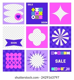 Y2k Square post templates for social media. Trendy Retro sale web background collection. Digital marketing. Vintage 90s style store banner design with transparent copy space. Bold style. Vibrant color