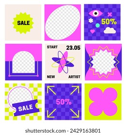 Y2k Square post templates for social media. Trendy Retro sale web background collection. Digital marketing. Vintage 90s style store banner design with transparent copy space. Bold style. Vibrant color