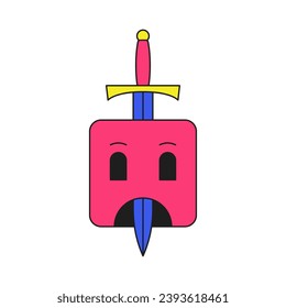 Y2k cuadrado triste emoji con la espada abstracta psíquica groovy icono vector ilustración plana. Caricatura surrealista de Halloween personaje cómico gracioso mascota emoticono de moda pegatina de moda para la impresión de camisetas
