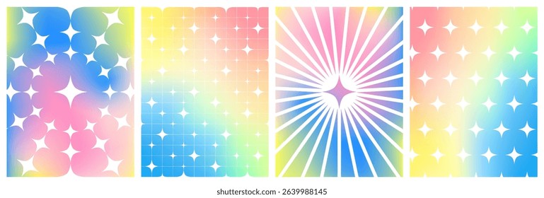 Y2K Star Gradient Patterns. Sparkle Backgrounds in Retro Aesthetic. Geometry Pattern with Shining Stars on Pastel Hologram Gradient