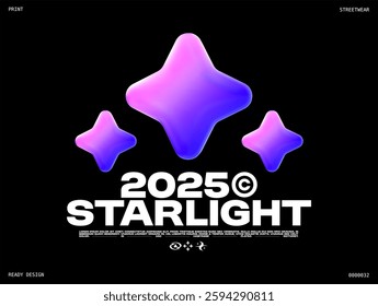 Y2K star gradient print. Glossy 3D mesh design with shiny glass effect. Vector