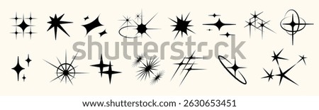 Y2K star icon collection with glitter, sparkle, twinkle, and glow. Includes flat symbols, vintage bursts, shiny pictograms, constellation elements, and festive outlines for UI or graphic design.