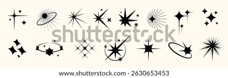 Y2K star icon set with sparkle, glitter, and twinkle effects. Includes abstract bursts, shiny symbols, luxury glint, and minimal silhouettes. Perfect for retro graphic designs.