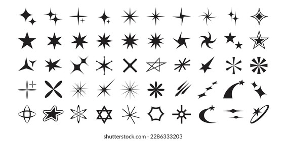 Y2k star icons. Retro sparkle shapes abstract brutalism star galaxy symbols. Starburst glow, futuristic shine geometric isolated vector set. Twinkling sky elements, falling star path