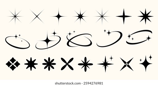 Y2k of star shapes starbursts, sparkles, and orbit elements set.Abstract minimal twinkles with cosmic orbits. Classic Retro Star Shapes and Twinkles.Minimal modern Retro futuristic icons. Vector 