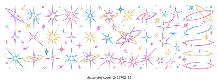 Y2k star sparkle bling abstract tattoo shapes. Simple minimal geometric signs and symbols in trendy retro 2000s style. Space cosmos galaxy aesthetic.