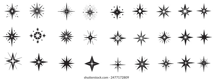 Y2k star sparkle bling abstract tattoo shapes. Hand drawn star sparkle shine of doodle set. Star shine twinkle glow, spark glitter, magic party light vector illustration. 